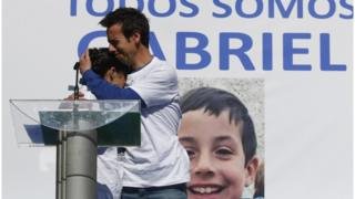 A file photo dated on 08 March 2018 of Angel Cruz (C) and Patricia Ramirez (L), parents of eight-year-old Gabriel Cruz (portrait) during a rally to ask for the boy comes back home in Almeria, southern Spain (issued 11 March 2018).