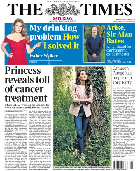 The headline on the front page of the Times reads: "Princess reveals toll of cancer treatment"