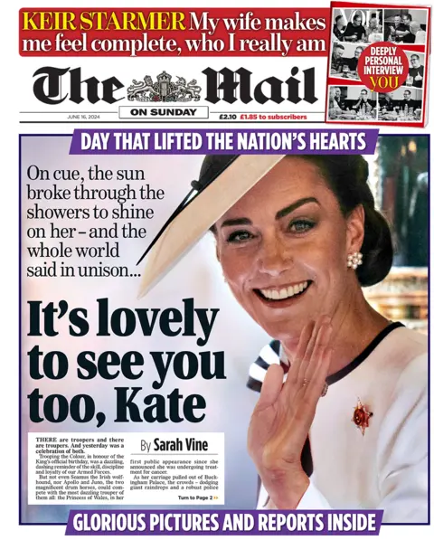 The headline on the front page of the Mail on Sunday reads: "It's lovely to see you too, Kate"