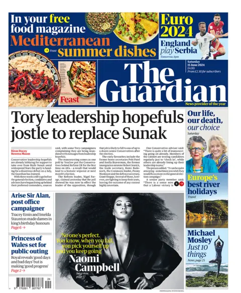 The headline on the front page of the Guardian reads: "Tory leadership hopefuls jostle to replace Sunak"