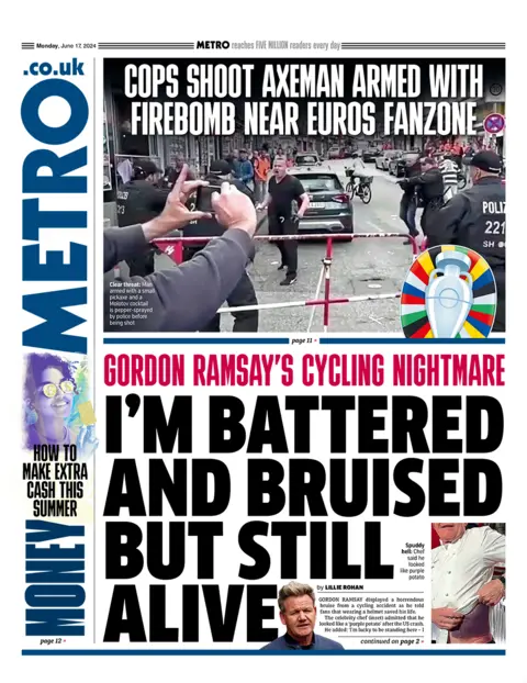 The headline on the front page of the Metro reads: "I'm battered and bruised but still alive"