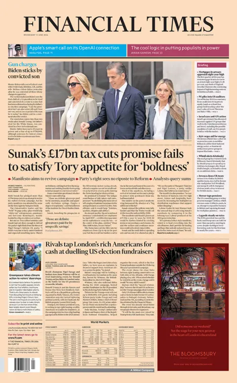 Financial Times headline reads: "Sunak’s £17bn tax cuts promise fails to satisfy Tory appetite for ‘boldness’"