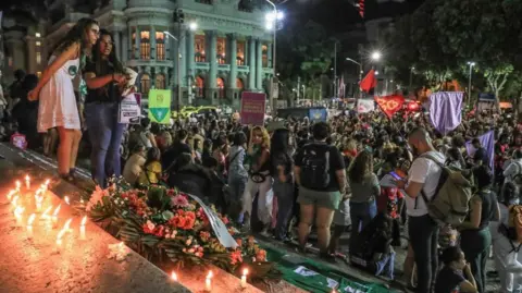 EPA Women participate in a protest against the 1904 bill, a proposed law which restricts legal abortion in cases of rape and equates the procedure to simple homicide, in Cinelandia, Rio de Janeiro, Brazil, 13 June 2024.