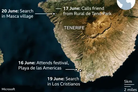 A map of Tenerife showing Jay Slater's movements