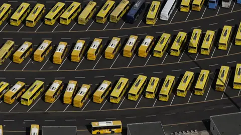 Getty Images aerial view of rows of buses in Islam's holy city of Mecca on 30 June 2023 during the hajj pilgrimage