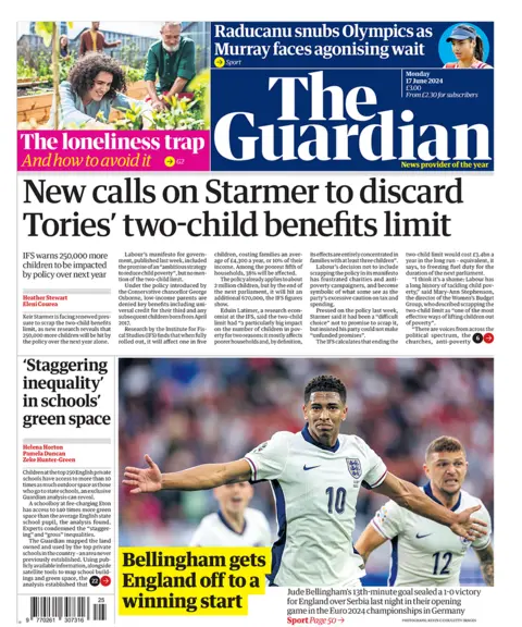 The headline on the front page of the Guardian reads: "New calls on Starmer to discard Tories' two-child benefits limit"