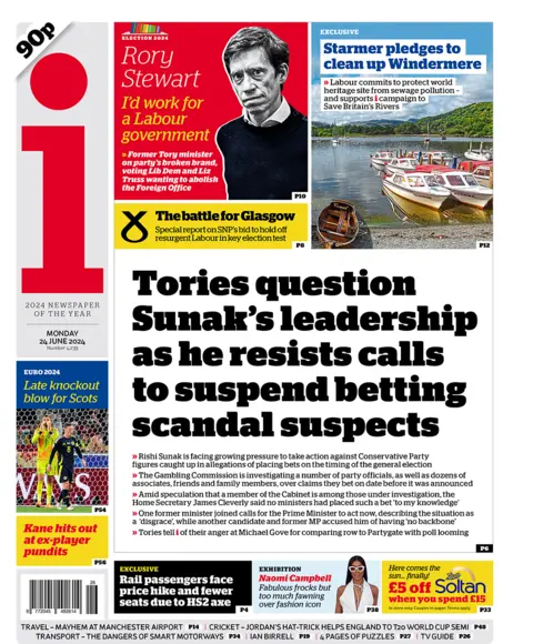 The i headline: "Tories question  Sunak’s leadership  as he resists calls  to suspend betting  scandal suspects"