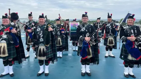 The Jedburgh Pipe Band played the ferry out of the harbour