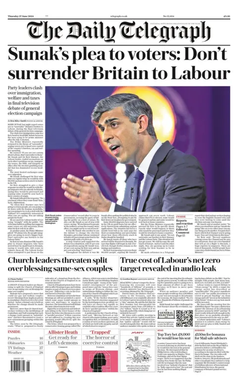 Daily Telegraph: Sunak's pleas to voters: Don't surrender Britain to Labour