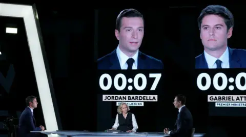 THOMAS SAMSON/POOL/AFP  French far-right Rassemblement National (RN) party's President and leading candidate for the June 9 European union election Jordan Bardella (L) and France's Prime Minister Gabriel Attal attend a debate 