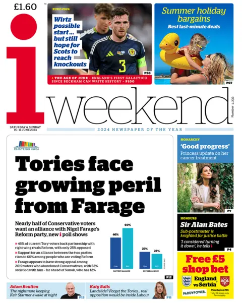 The headline on the front page of the i Newspaper reads: "Tories face growing peril from Farage"