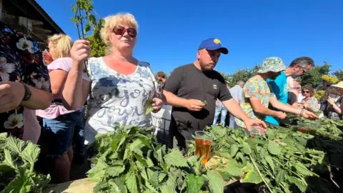 BBC A row of people standing behind a table piled with stinging nettles. Each person has a pint of cider.