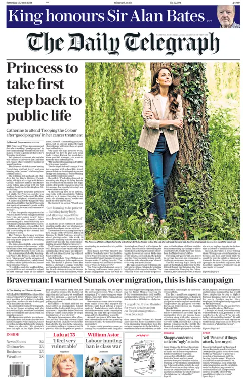 The headline on the front page of the Daily Telegraph reads: "Princess to take first step back to public life"