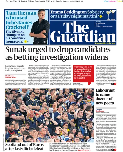 BBC Guardian headline: "Sunak urged to drop candidates as betting investigation widens"