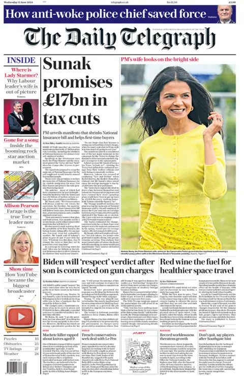 Daily Telegraph headline reads "Sunak promises £17bn in tax cuts