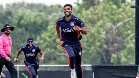 BBC Saurabh Netravalkar of USA seen in a match against Bangladesh