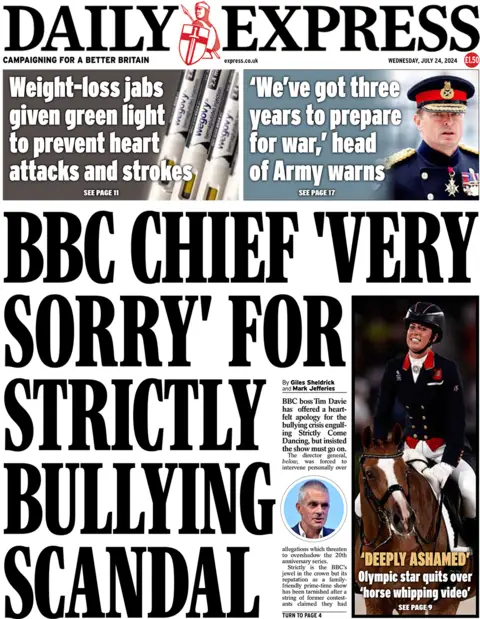 Daily Express headline reads: BBC chief "very sorry" for Strictly bullying scandal