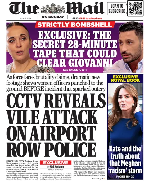 The Daily Mail headline reads: "CCTV reveals vile attack on airport row police"