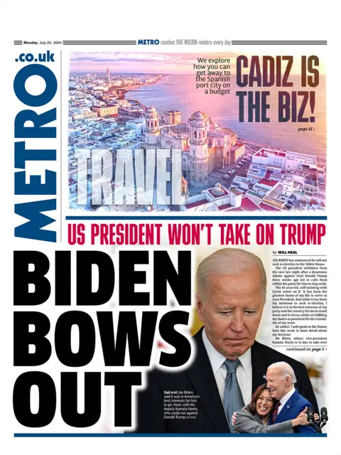 The headline on the Metro reads: "Biden bows out"