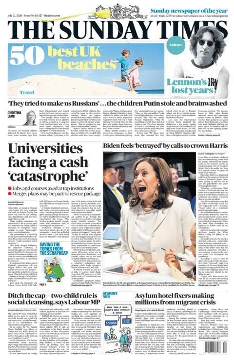 The headline on the front page of The Sunday Times reads: "Universities facing a cash catastrophe'"