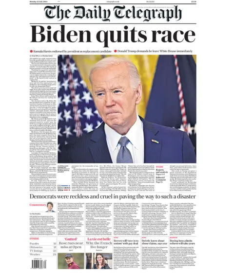 The headline on the front page of the Daily Telegraph reads: "Biden quits race". 