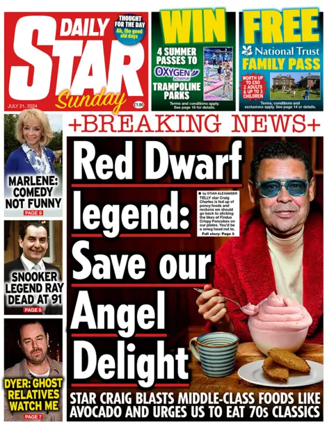 Daily Star Sunday headline reads Red Dwarf legend: Save our Angel Delight 