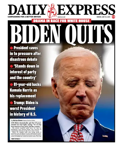 The headline on the front page of the Daily Express reads: "Biden quits"