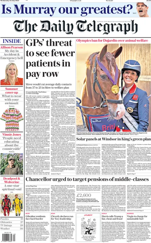 Daily Telegraph headline reads: GPs' threat to see fewer patients in pay row