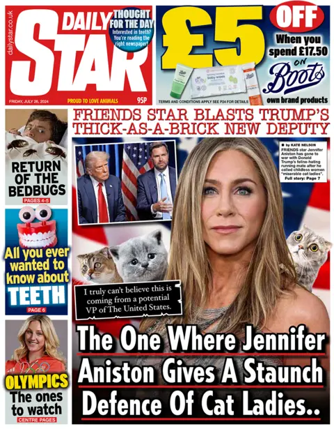 Headline of the Daily Star reads: The One Where Jennifer Aniston Gives a Staunch Defence of Cat Ladies