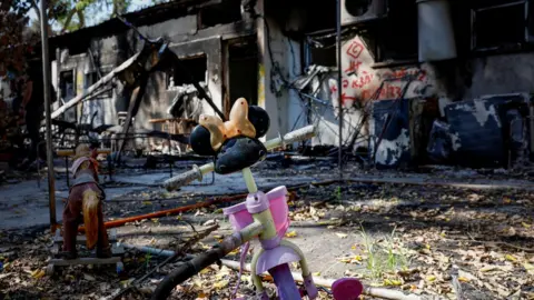 Reuters A child’s bicycle is seen at Kibbutz Nir Oz, in southern Israel, following a deadly attack by Hamas-led gunmen (30 October 2023)