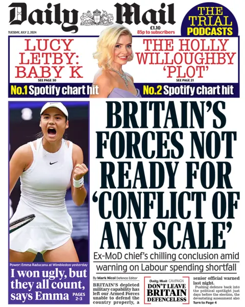 The headline in the Mail reads: "Britain's forces not ready for 'conflict of any scale'". 