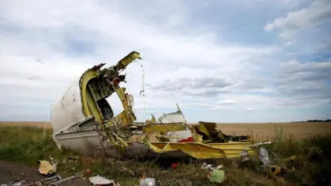 REUTERS/Maxim Zmeyev A part of the wreckage is seen at the crash site of Flight MH17 near the village of Hrabove 