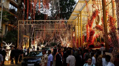 Reuters Decorations seen outside the Ambani residence, Antilia during the pre-wedding ceremony of Anant Ambani and Radhika Merchant in Mumbai, India, July 3, 2024.