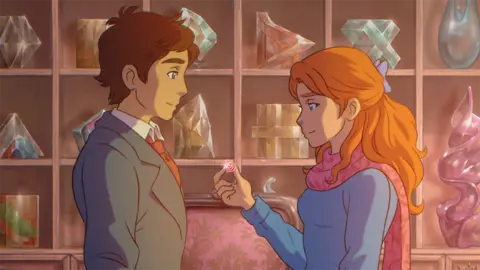 Mano Animations A hand-drawn still from animated movie The Glassworker. It shows a young man dressed in a suit with red tie and a young woman with long red hair facing each other. She's holding up a small pink piece of glass engraved with an intricate pattern that reflects a spark of light at the viewer. Behind them is a shelving unit filled with ornated pieces of glasswork.