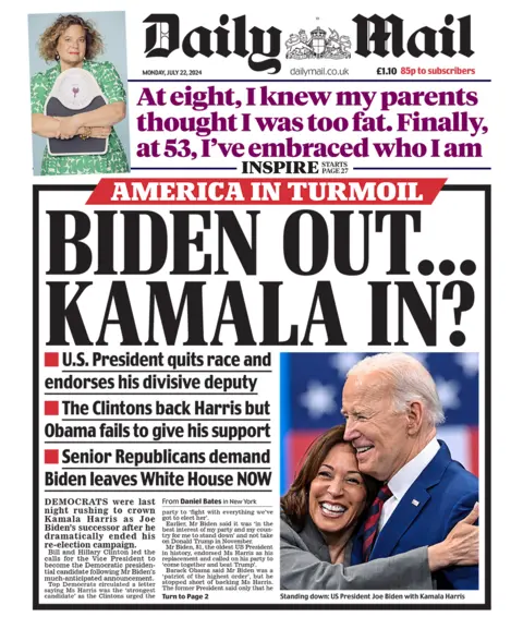 The headline on the front page of the Daily Mail reads: "Biden out...Kamala in?"