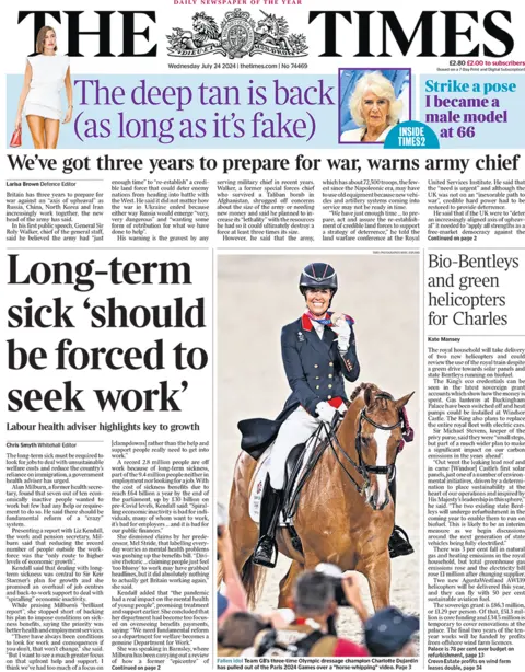 The Times headline reads: Long-term sick 'should be forced to seek work'