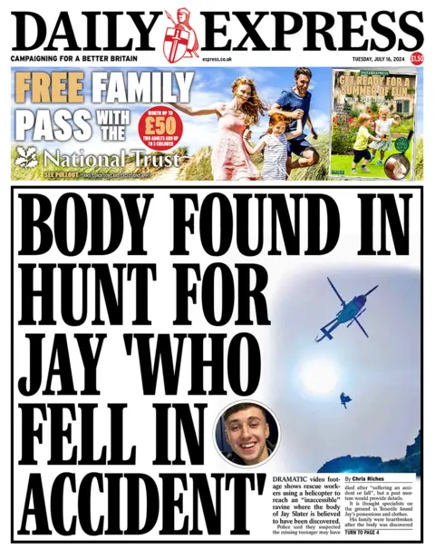 The headline in the Express reads: "Body found in hunt for Jay 'who fell in accident'". 