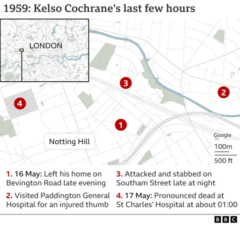 Map of West London highlighting Cochrane's house, and where he was killed, a few streets away