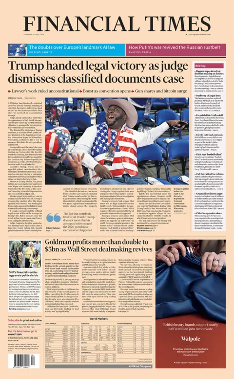 The headline in the Financial Times reads: "Trump handed legal victory as judge dismisses classified documents case". 