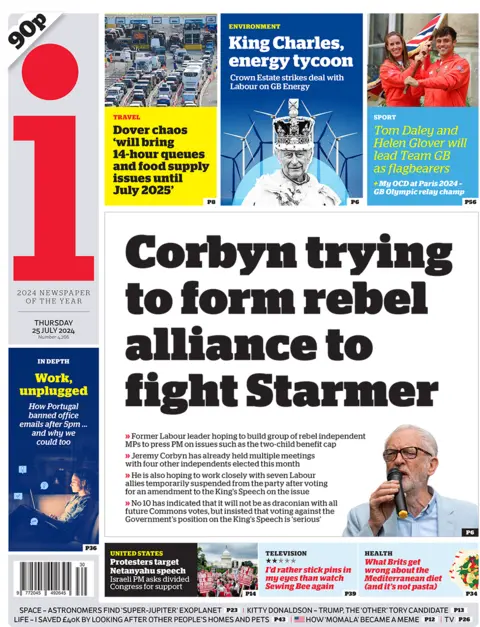 Headline of the i newspaper says: Corbyn trying to form rebel alliance to fight Starmer