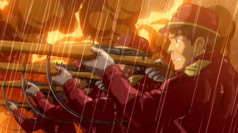 Mano Animations A still from The Glassworker shows a line of soldiers in red uniforms pointing rifles at an unseen target. Rain pours from the sky above and a fire emanating thick black smoke rages in the background.