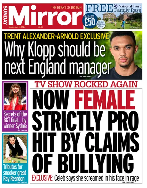 The headline on the front page of the Sunday Mirror reads: "Now female strictly pro hit by claims of bullying" 