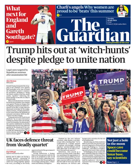 The headline in the Guardian reads: "Trump hits out at 'witch-hunts' despite pledge to unit nation". 