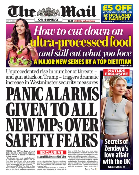 The headline on the front page of the Mail on Sunday reads: "Panic alarms given to all new MPs over safety fears" 