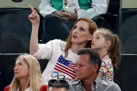 Getty Images Jessica Chastain looks on during the Artistic Gymnastics Women's Qualification on day two of the Olympic Games Paris 