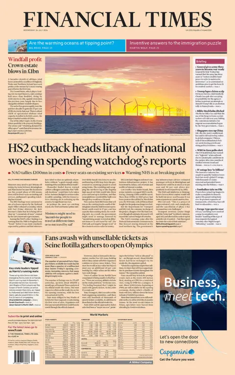 The Financial Times headline reads: HS2 cutback heads litany of national woes in spending watchdog's reports