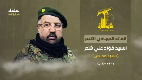 Hezbollah Graphic showing Fuad Shukr wearing an army uniform and beret