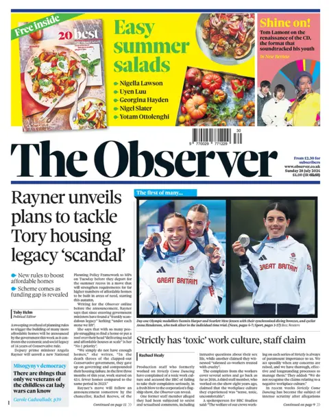 The Observer headline reads: "Rayner unveils plans to tackle Tory housing legacy 'scandal'"