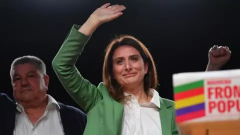  JULIEN MATTIA/EPA-EFE Marine Tondelier (EELV) gestures during the New Popular Front Rally after the first round of the early parliamentary elections at Place de la Republique in Paris