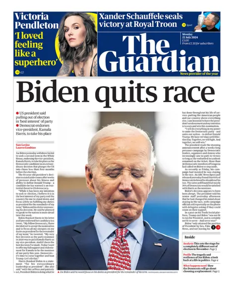 The headline on The Guardian reads: "Biden quits race" 